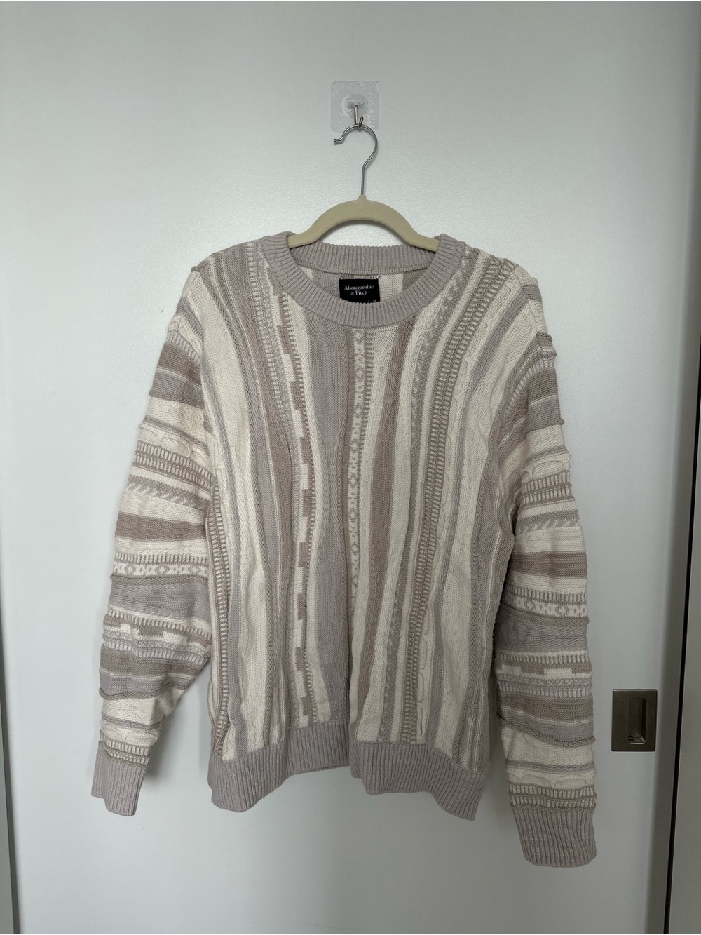 100% Cotton Textured Striped Crewneck Sweater - Beige/Cream